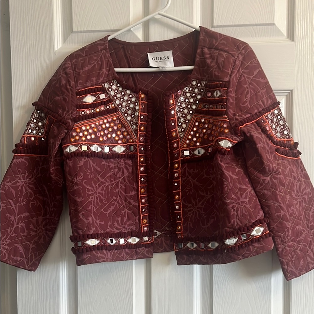 Red Embellished Blazer with Geometric Patterns